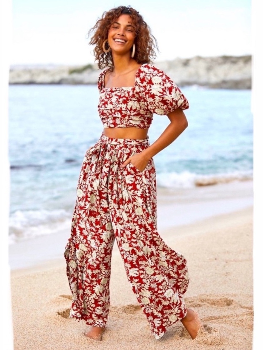 Free People FP Movement Sunday Floral Wide-Leg Crop Top & Pants Set - Red